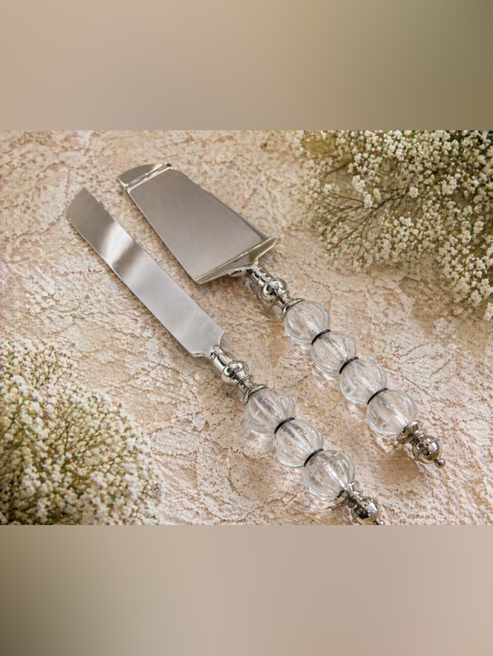 Vintage Tag Beaded Glass Cake Knife Server Set Wedding Dessert Silver